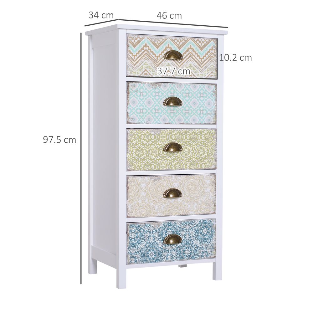 Storage Chest Unit Dresser 5 Drawer Retro Style Wood White Entryway