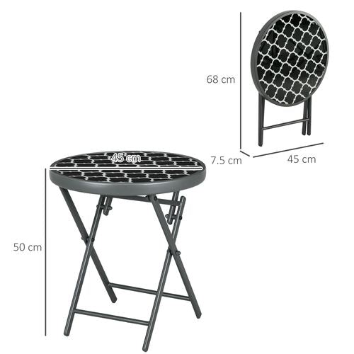 Outsunny Round Folding Side Table w/ Imitation Marble Glass Top, Black & White