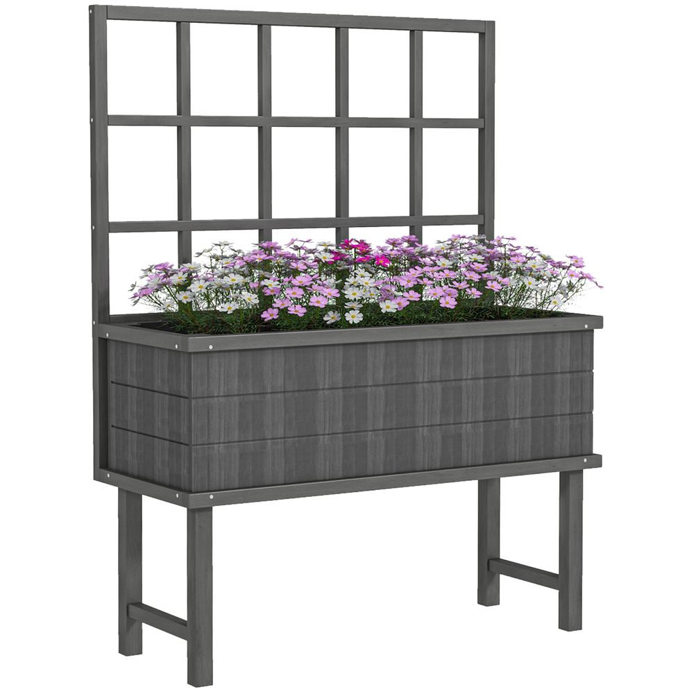 Outsunny Wood Raised Planter w/ Trellis Elevated Garden Bed - Quality Grey Design