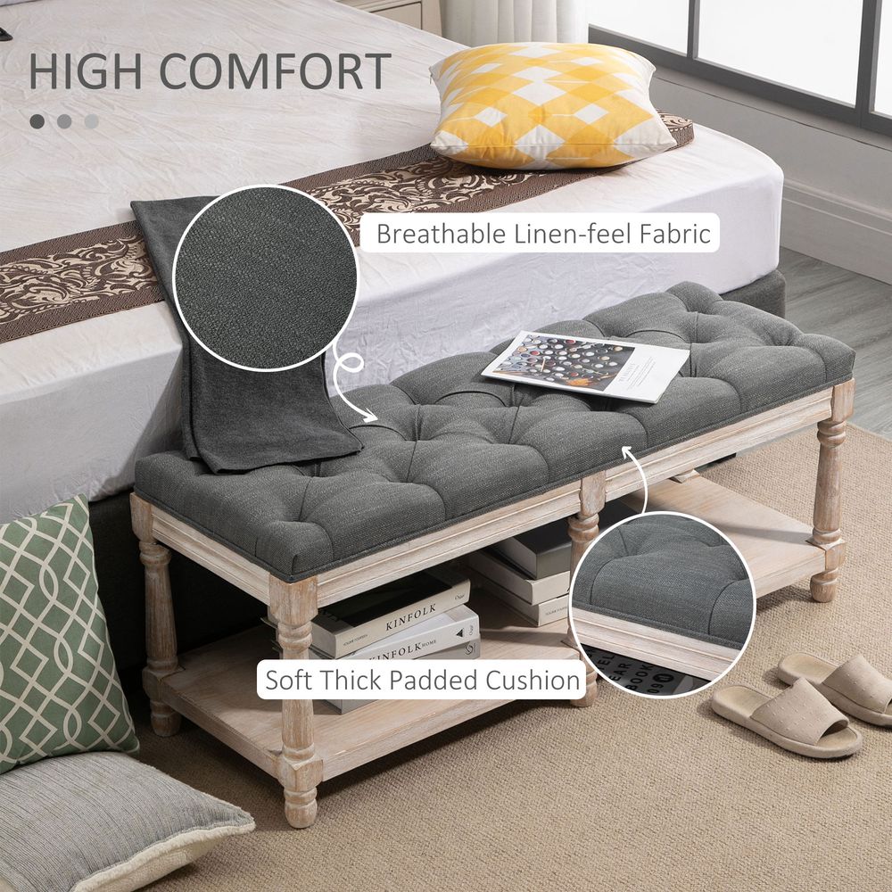 HOMCOM 2-Tier Bed End Bench, Vintage Stool, Wooden Window Seat with Storage Shelf, Button Tufted Upholstered Footstool for Living Room, Bedroom, Entryway, Grey