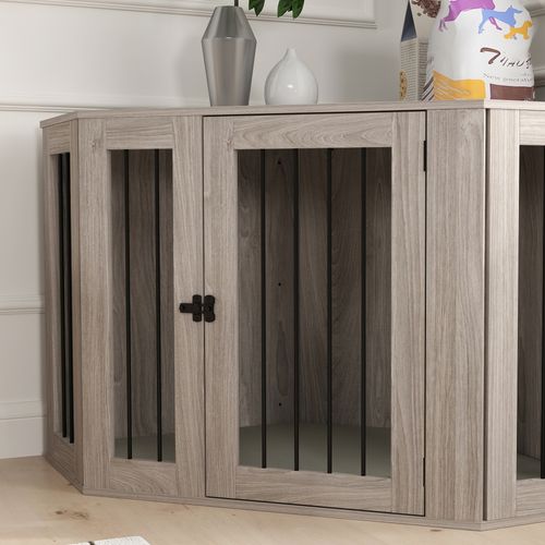 PawHut Dog Crate Furniture for Large Dogs w/ Cushion, Door - Walnut Brown