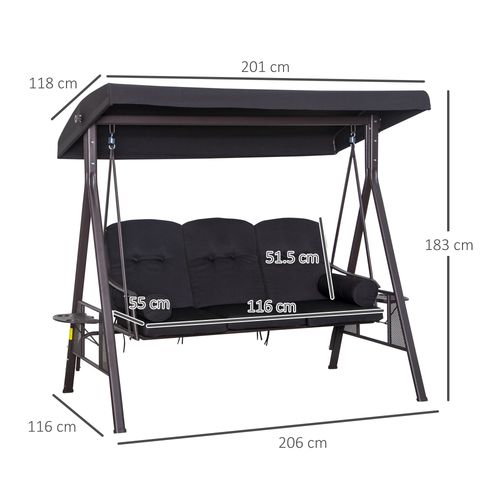 Outsunny 3 Seater Garden Swing Chair Patio Swing Bench w/ Cup Trays Black