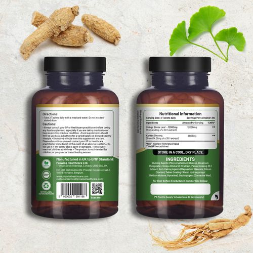 Ginkgo Biloba and Korean Ginseng Tablets 8000mg 180 Vegan Tablets | Ginkgo 6000mg & Korean Ginseng Root 2000mg Supports Cognitive Function & Mental Performance | UK Manufactured by Prowise Healthcare