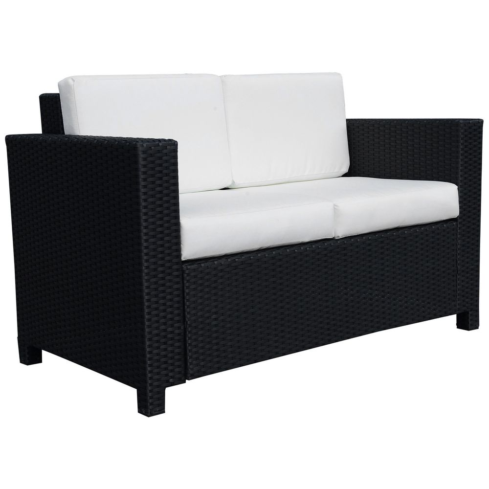 Outsunny Black Rattan Garden Sofa 2 Seater Double Couch Wicker Loveseat