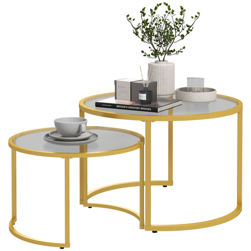 HOMCOM Modern Coffee Table Set of 2, Nesting Tables with Glass Top, Gold