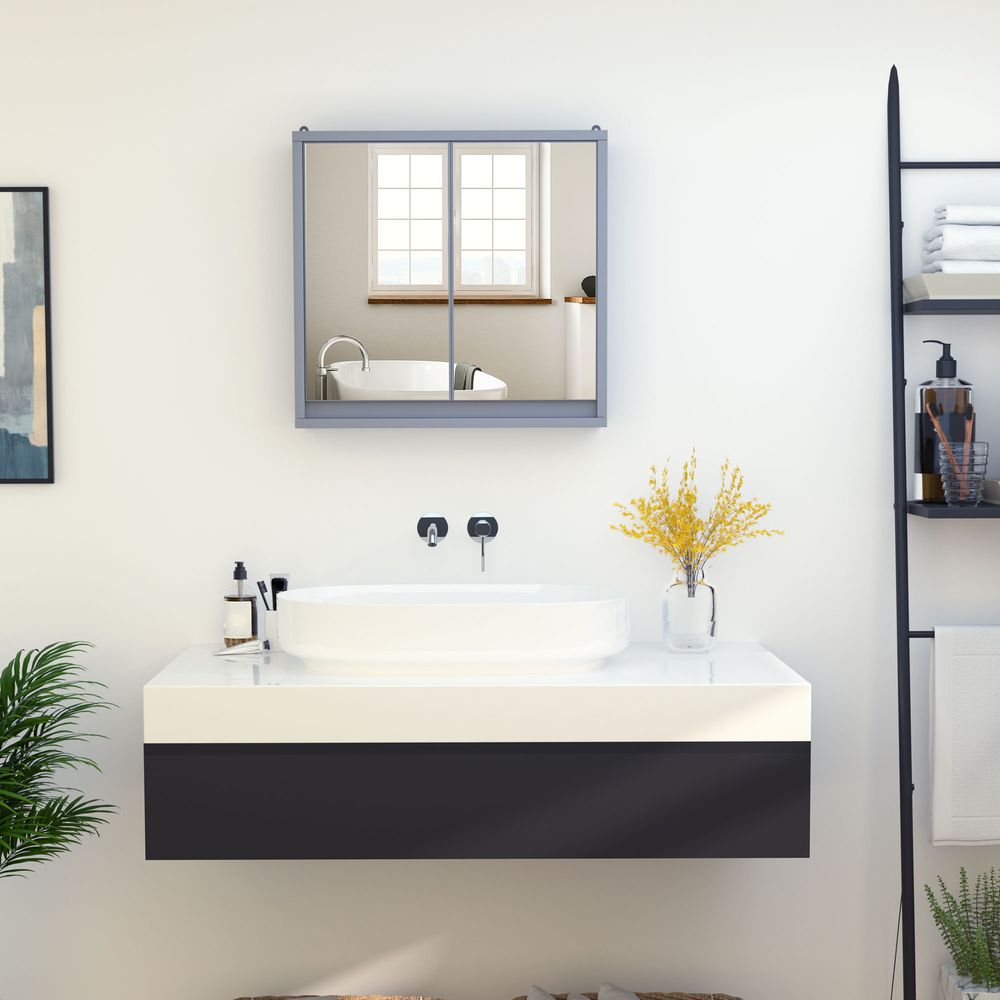 HOMCOM Bathroom Mirror Cabinet Wall Mounted Storage Shelf Bathroom Cupboard Double Door, Grey