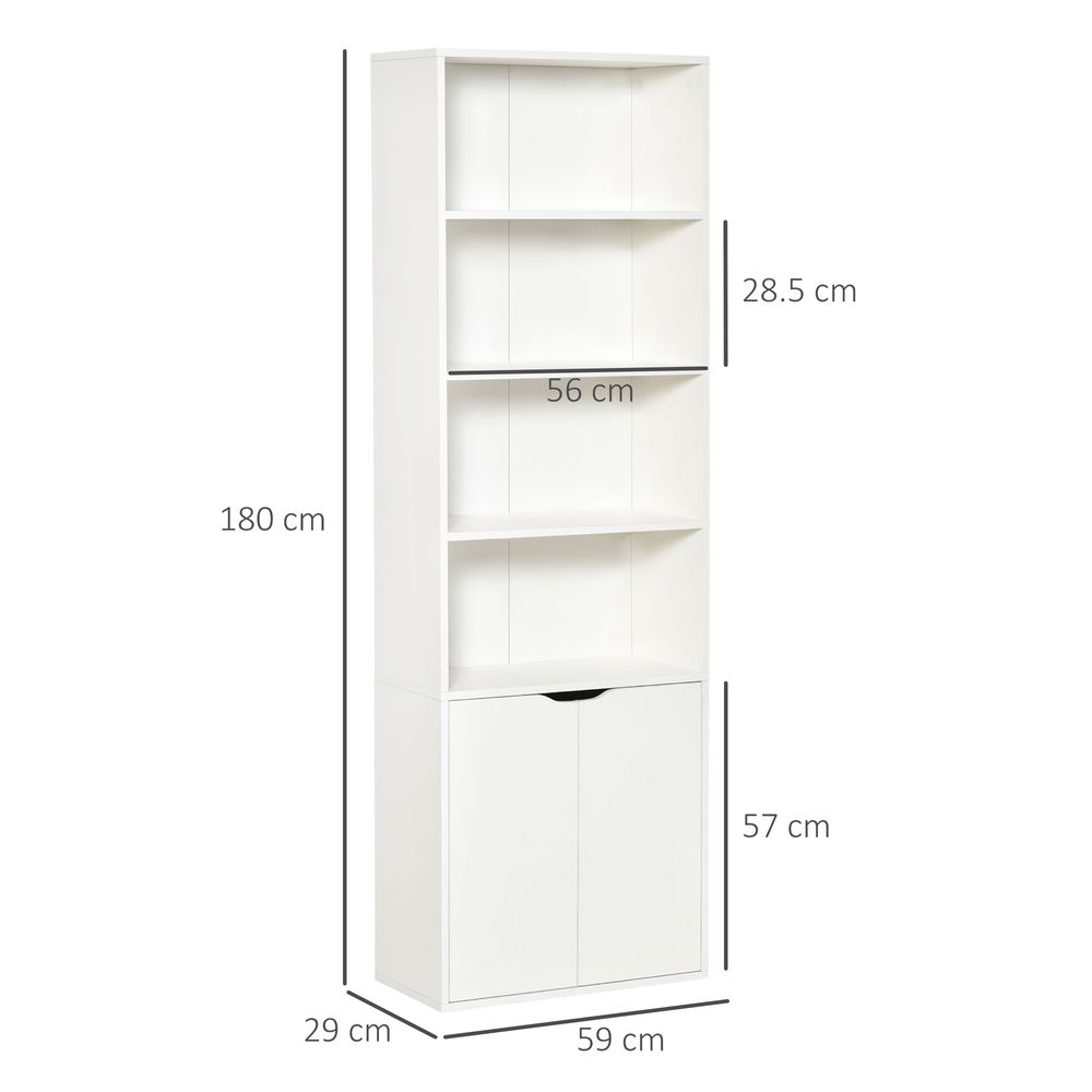 White Wooden Bookcase - 2 Doors, 4 Shelves - Storage Cabinet - Versatile Display Unit - High Quality & Sturdy