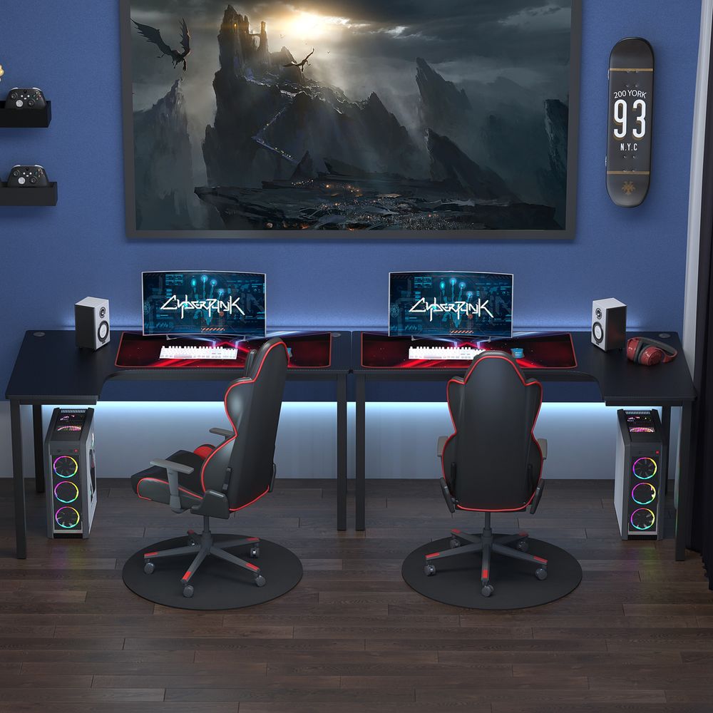 L-Shaped Corner Wood Computer Workstation - Black. Ergonomic, spacious, and durable. Trust the best quality for all your work and gaming needs!