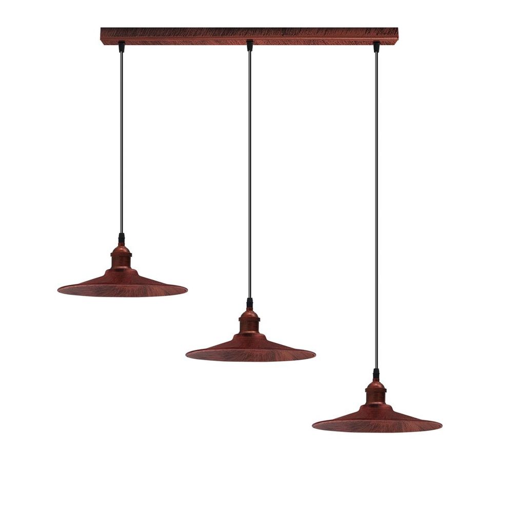 Vintage Rustic Red Pendant Lamp - 3 Head Reactangle Base, Metal Shade, E27 Base, Brushed Light, Long Wire - High Quality