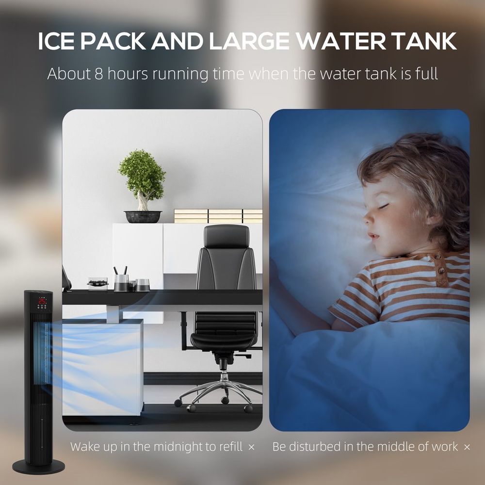 HOMCOM Oscillating Tower Fan - Cooling, Ice Pack, Water Tank, Child Lock