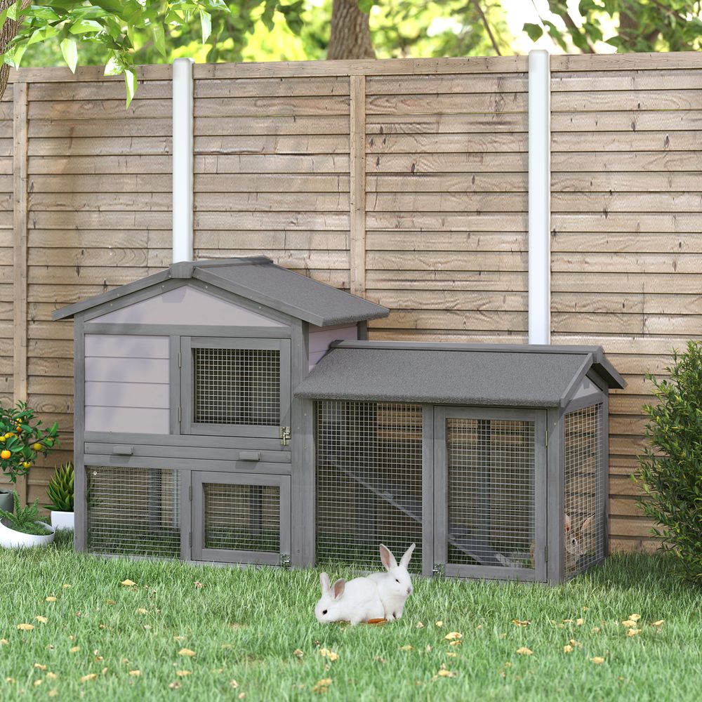 PawHut Wooden Rabbit Hutch Outdoor, Double Tier Guinea Pig Hutch, Small Animal House Water-Resistant Roof Ramp 147 x 54 x 84 cm