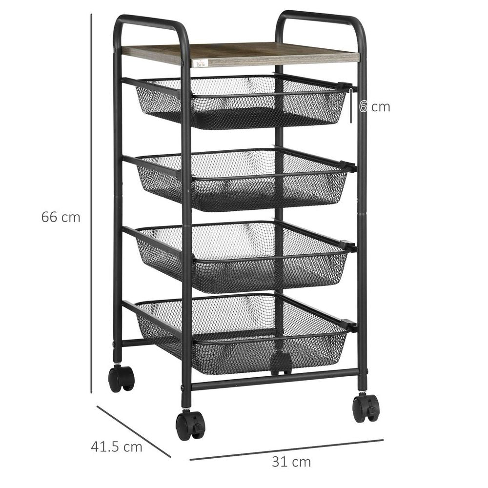 HOMCOM Storage Trolley Rolling Utility Cart - 4 Baskets - Kitchen & Office - Black
