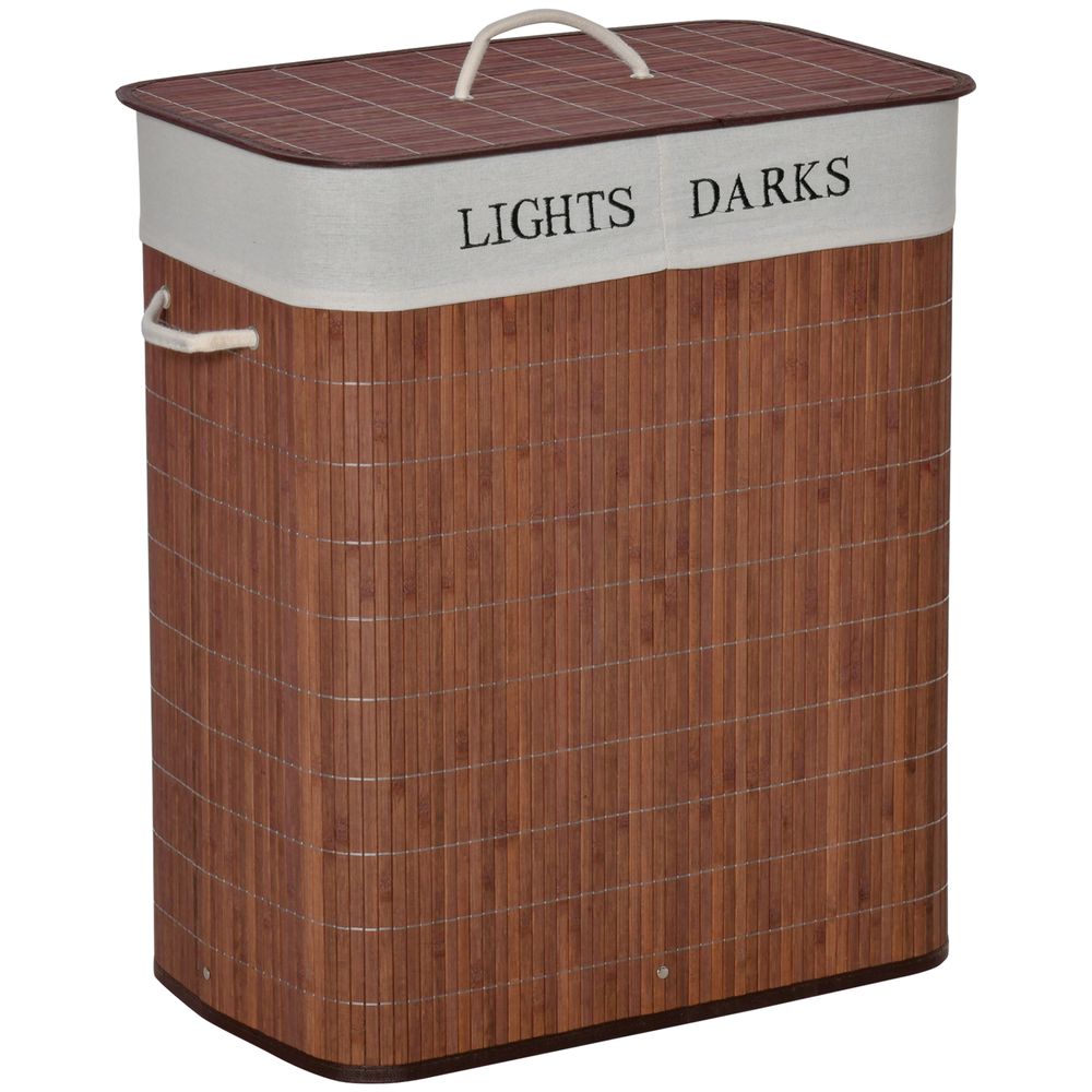 HOMCOM 2 Section Collapsible Laundry Hamper Lid Removable Lining, Brown