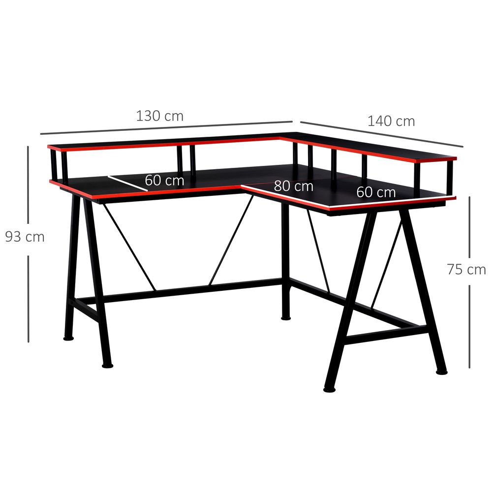 L-Shape Corner Gaming Desk Shelf Workstation, Black Red