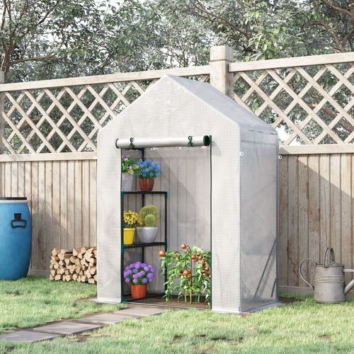 Outsunny Walk In Greenhouse with 2 Tier Shelf, Portable Gardening Plant Grow House with Roll up Zip Panel Door, Reinforced PE Cover, 143 x 73 x 195cm, Green