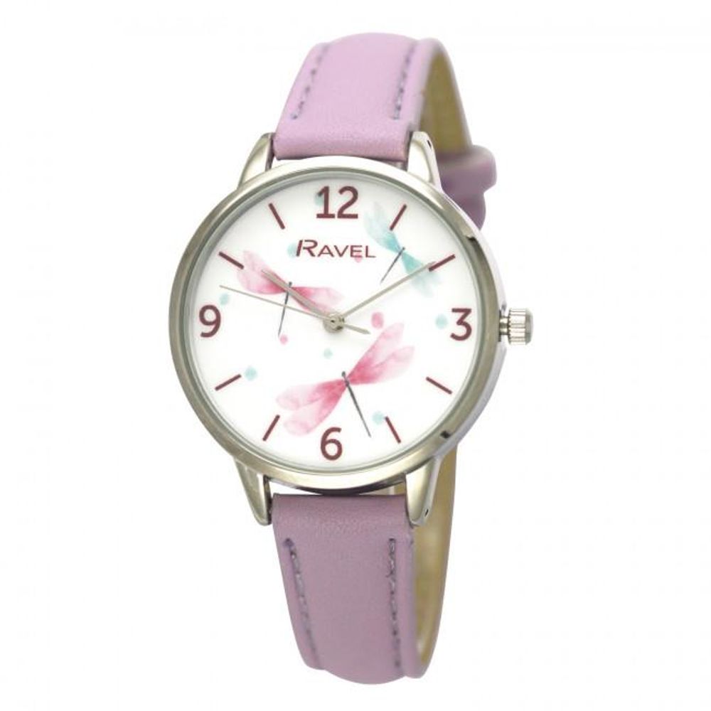 Ravel Ladies Dragonfly Leather Strap Watch - Lilac  - RF011.7