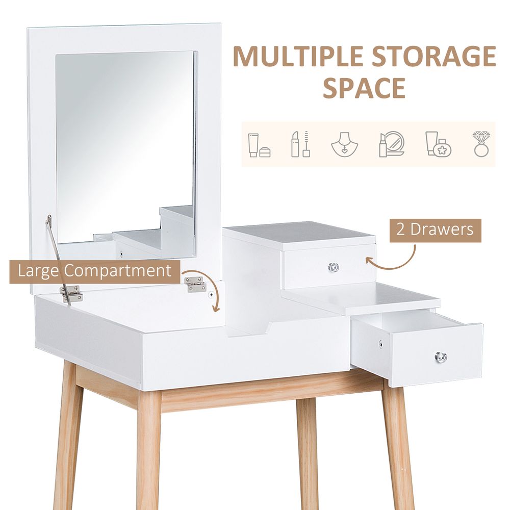 HOMCOM Dressing Table Desk Flip-up Mirror Multi-Purpose Large Space 2 Drawers Modern - White
