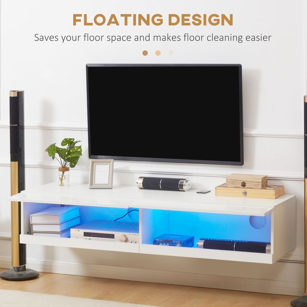 High Gloss TV Stand Unit Wall Mounted with Storage and LED Lights, White