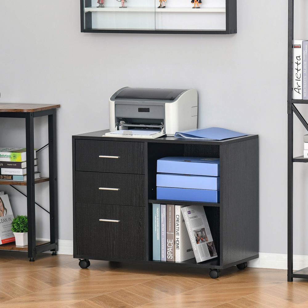HOMCOM Freestanding Printer Stand Unit Office Desk Side Mobile Storage w/Wheels 3 Drawers, 2 Open Shelves Modern Style 80L x 40W x 65H cm - Black