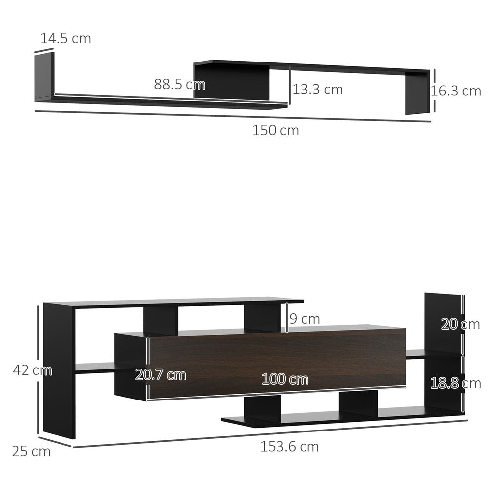 HOMCOM Modern TV Cabinet with Wall Shelf, TV Unit with Storage Shelf and Cabinet, for Wall-Mounted 65" TVs or Standing 40" TVs, Black and Dark Brown