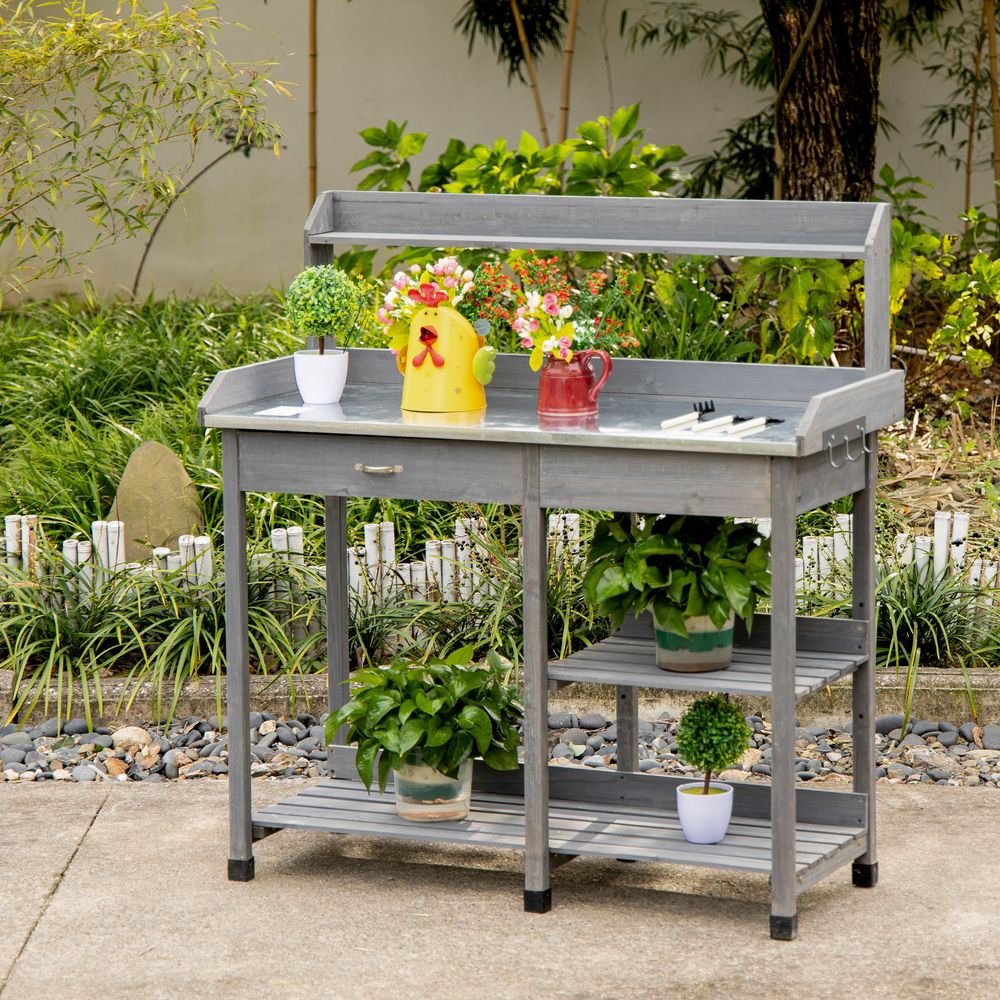 Garden Potting Workstation Bench w/ Galvanized Metal Tabletop