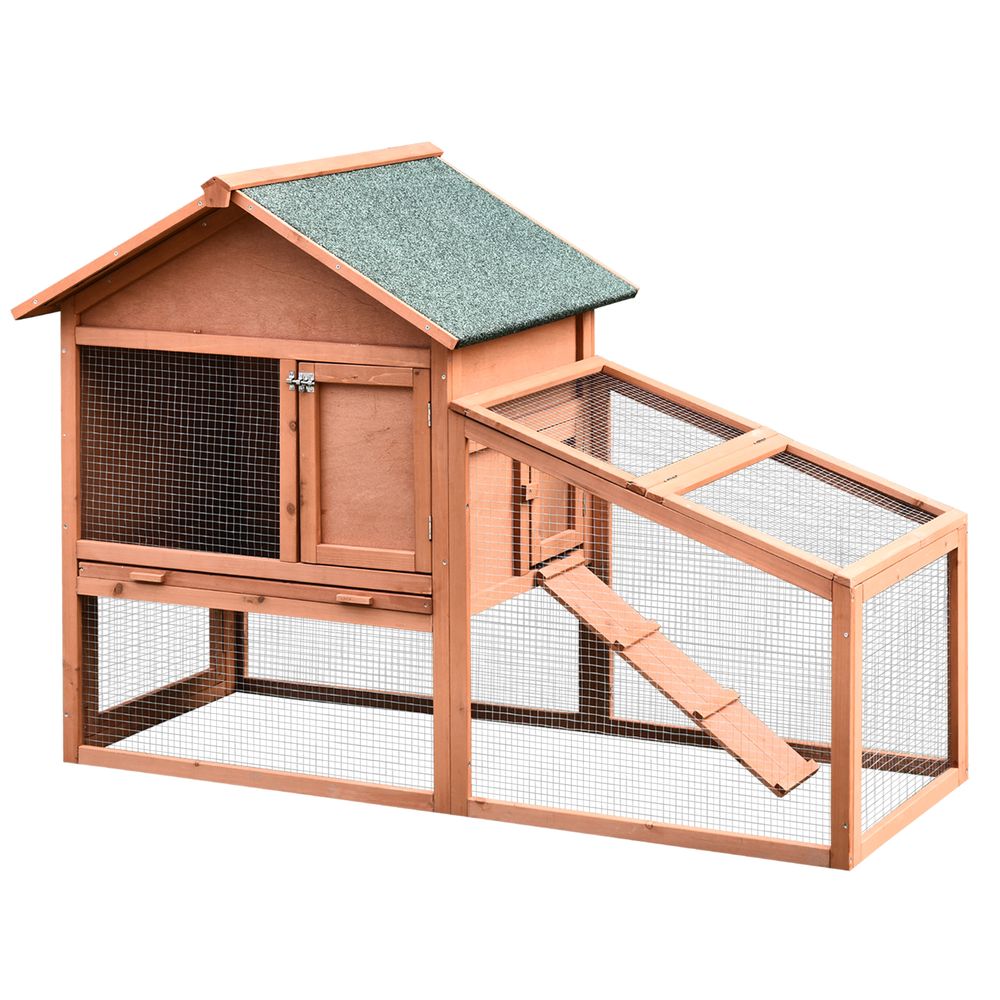 Pawhut 2-Tier Solid Wood Rabbit Bunny Guinea Pig Hutch Water Resistant Asphalt Roof Ramp Sliding Tray, 144 x 64.5 x 100 cm, 15 kg