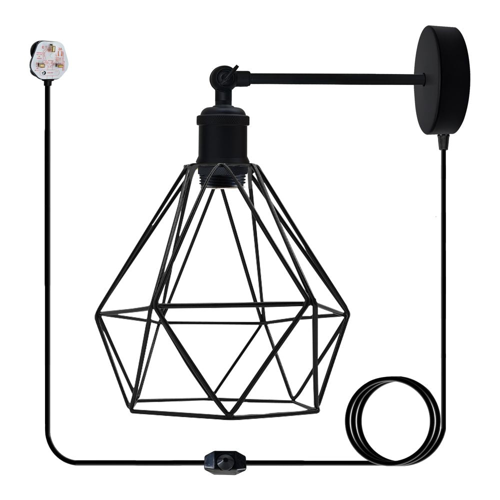Black Vintage Industrial Light Plug in Wire cage E27 Wall Lamp~5059