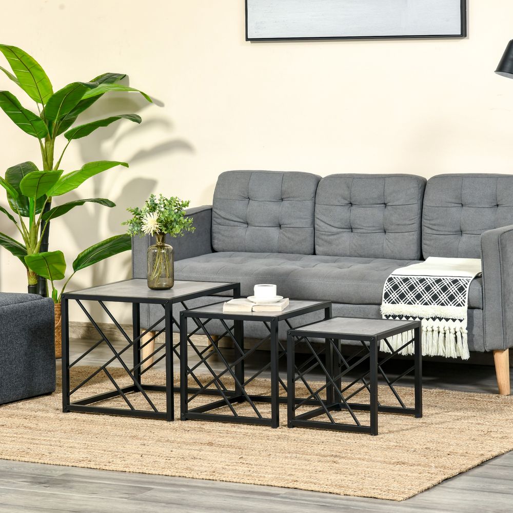 HOMCOM Nesting Coffee Tables, Set of 3 Square Side Tables with Black Metal Frame, for Living Room, Bedroom and Office, Grey
