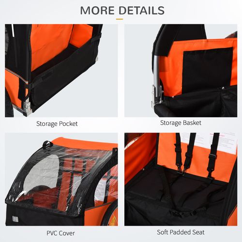 HOMCOM 18m 2-Seat Child Bike Trailer for Kid w/ Steel Frame Seat Belt Orange