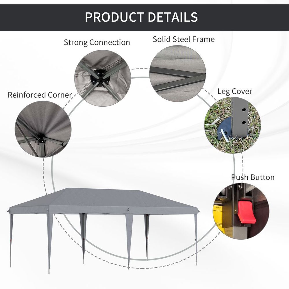 Outsunny 3 x 6 m Pop Up Gazebo, Foldable Canopy Tent, Height Adjustable Wedding Awning Canopy w/Carrying Bag, Grey