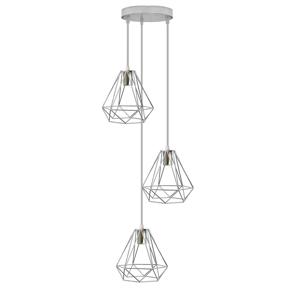 3 Head Round Base Chrome Vintage Metal 20cm Diamond Wire Cage E27 Base Ceiling Pendant Light Fitting
