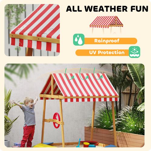AIYAPLAY Wooden Kids Sandpit with Canopy, Seats, Rudder & Bottom Liner
