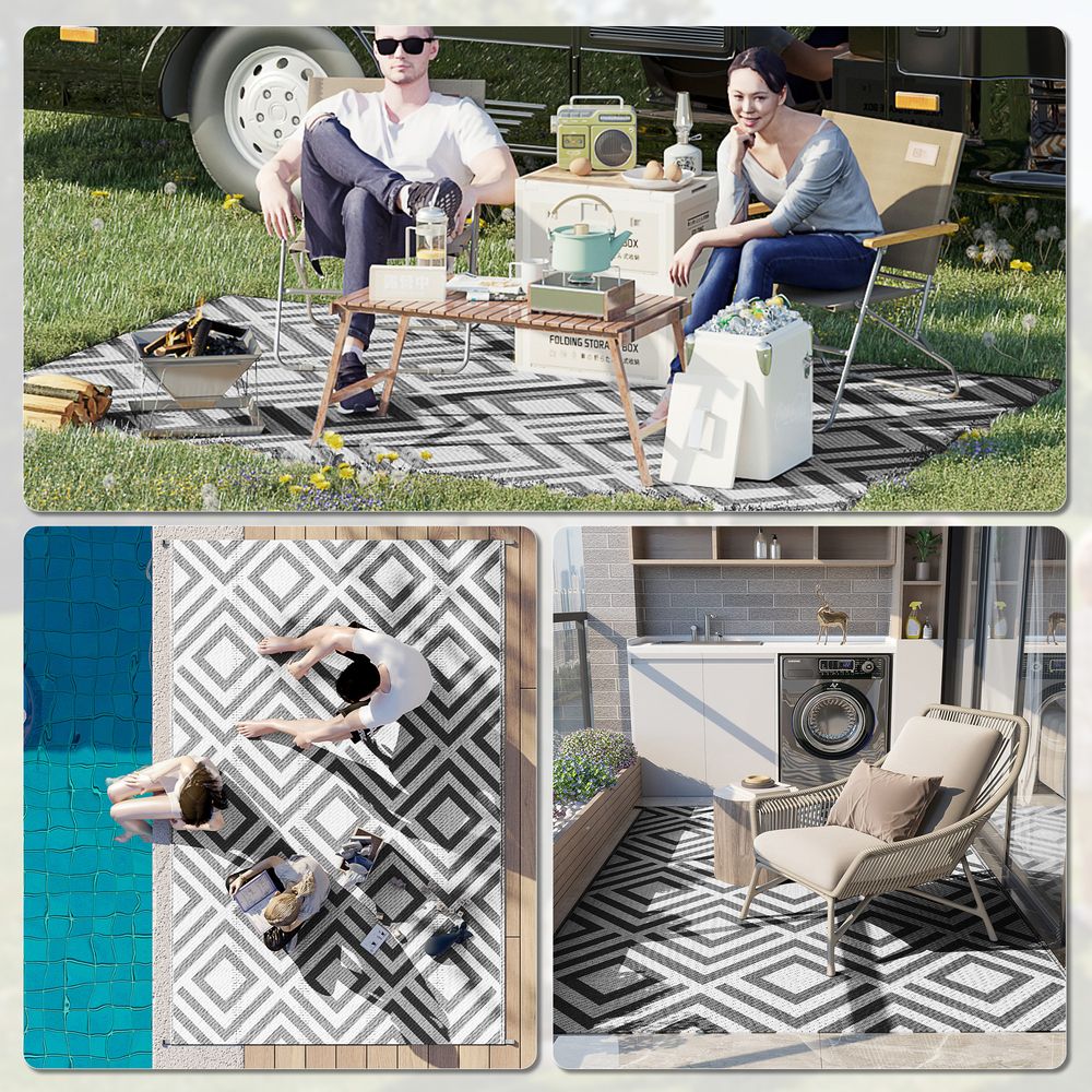 Outsunny Reversible Waterproof Outdoor Rug with Carry Bag, 182 x 274 cm, Black