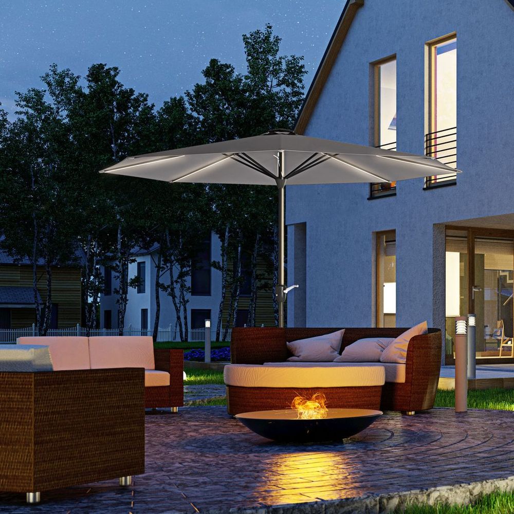 Outsunny Solar Patio Garden Parasol with Lights for Outdoor, Charcoal Grey