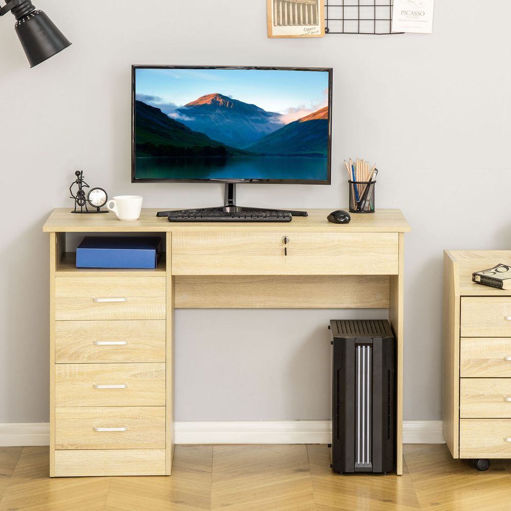HOMCOM Computer Desk, Home Office Desk with Lockable Drawer, Storage Shelf for Study Bedroom, 110 x 50 x 76 cm, Oak