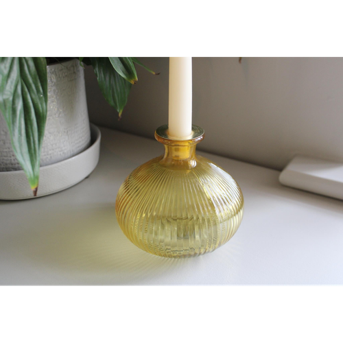 Yellow Ribbed Glass Candle Holder