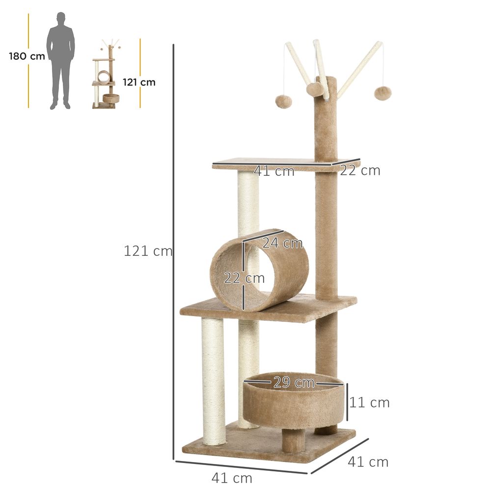 PawHut Cat Tree for Indoor Cats 121cm Kitten Tower Sisal Scratching Post Pet Activity Center Perch Condo Hanging Ball Grey