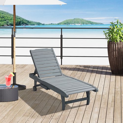 Outsunny Wooden Sun Lounger Outdoor Patio Sun Bed w/ Pull-out Table Grey