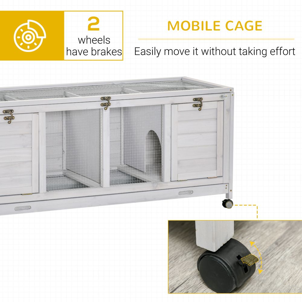 PawHut Rabbit Hutch Guinea Pig Cage, 2 in 1 Small Animal House for Indoor with Wheels 138 x 53 x 61cm, Light Grey
