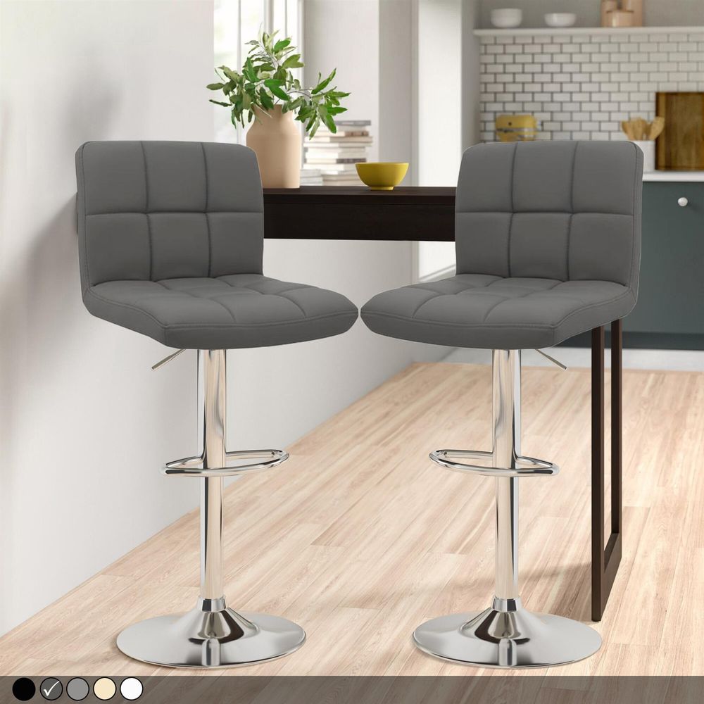 Set of Two Neo Grey Faux Leather Bar Stools with Polished Chrome Legs