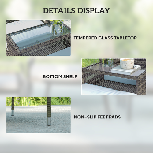 Outsunny Rattan Garden Bench w/ Glass Tea Table, Wicker Chair w/ Cushions