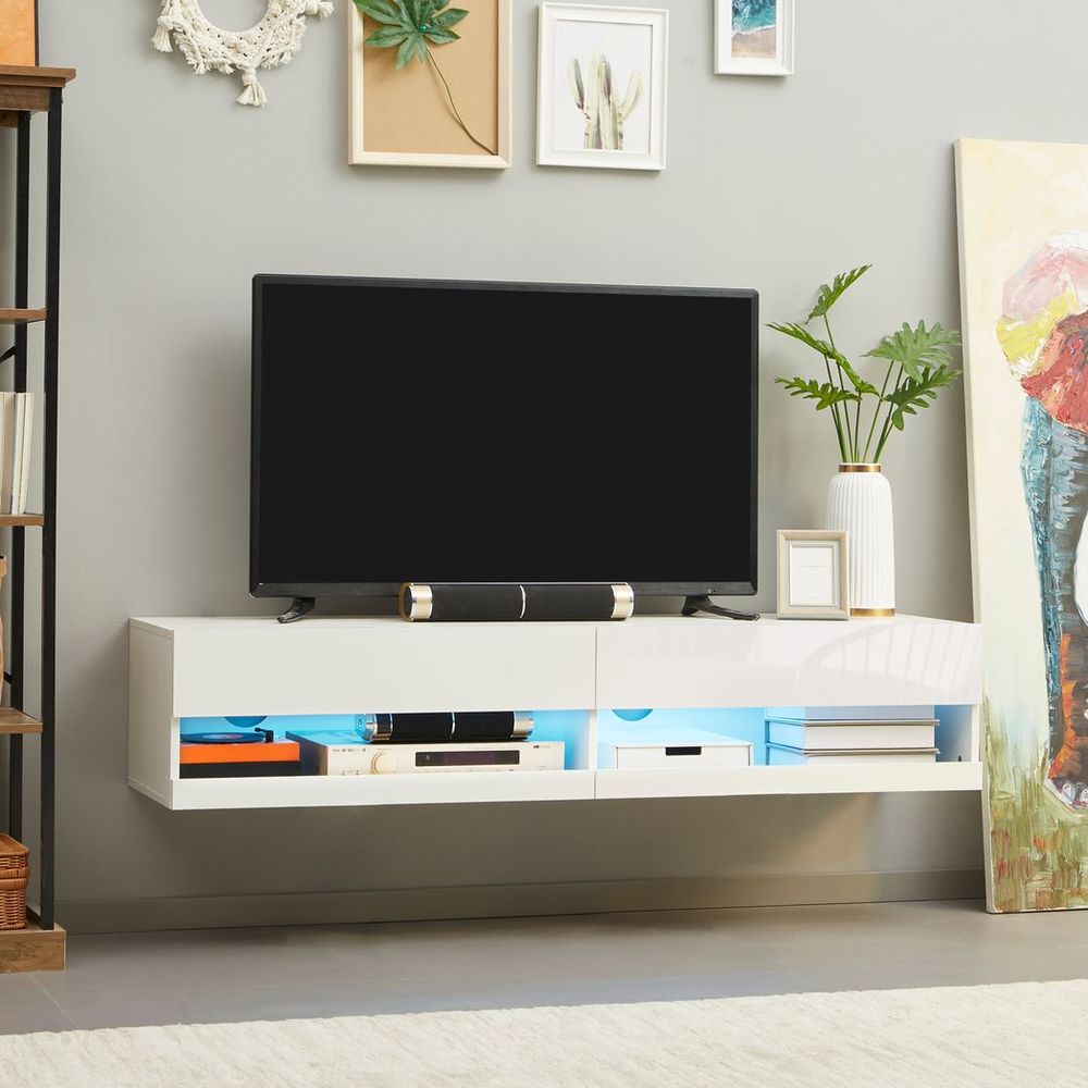 High Gloss TV Stand Unit Wall Mounted with Storage and LED Lights, White