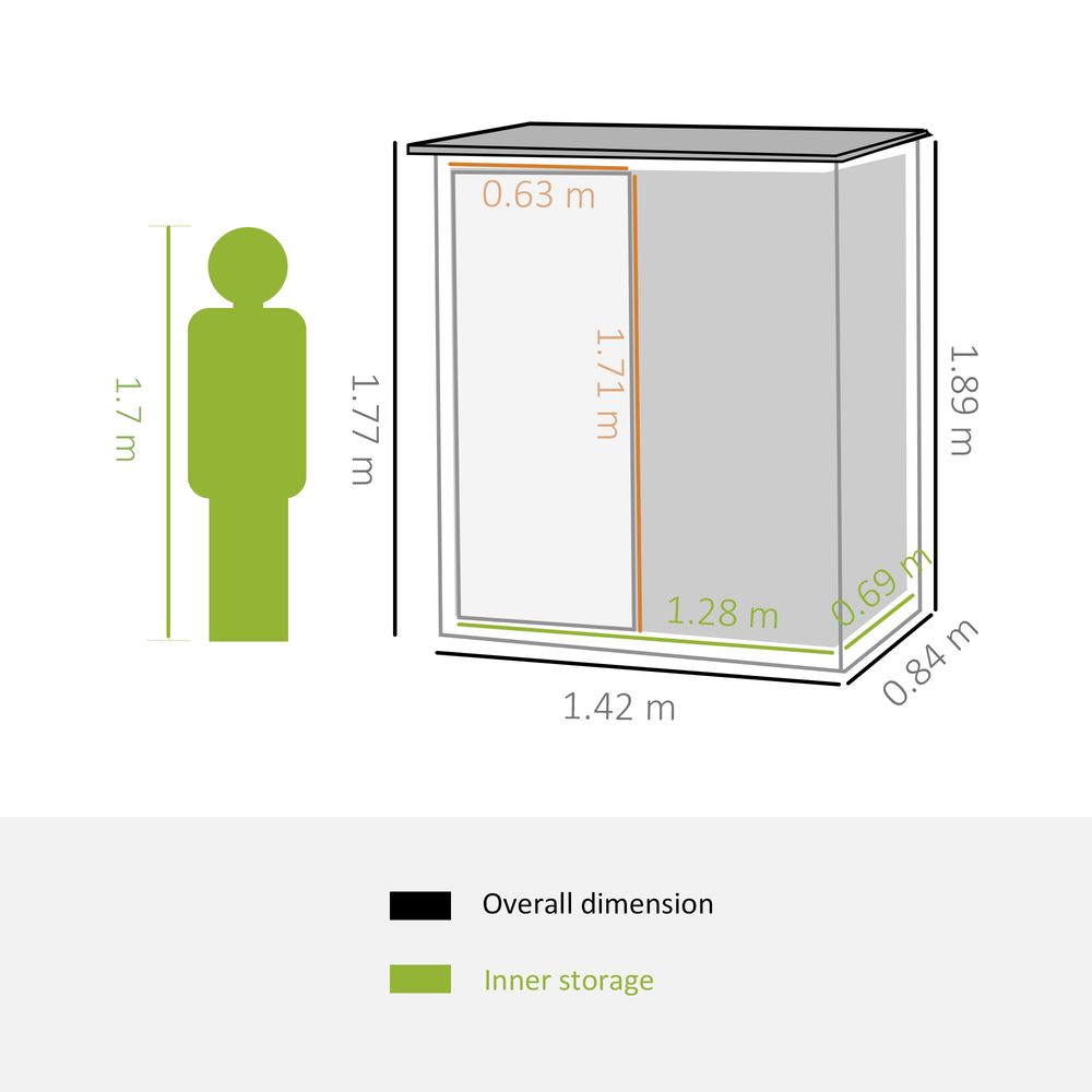 Grey Garden Storage Shed | Lockable Door | Sloped Roof | 142x84x189cm