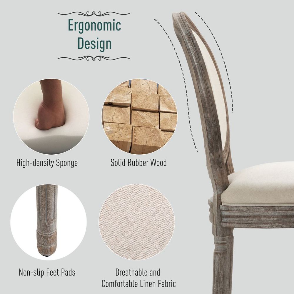 HOMCOM Set of 2 Elegant French-Style Dining Chairs w/ Wood Frame Foam Seat Cream