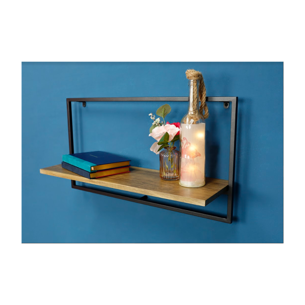 Sturdy Dark Oak Floating Wall Shelf - PARGI: Wide Design, Black Frame