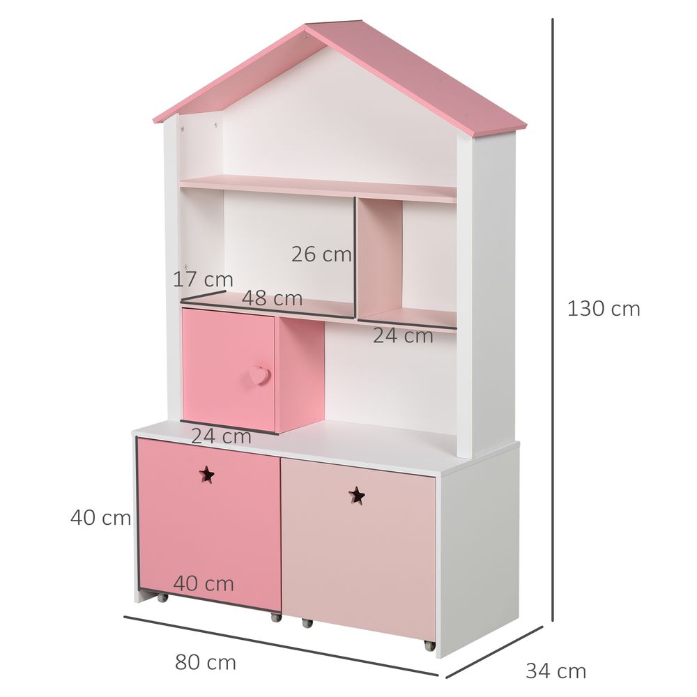 HOMCOM Kids Bookshelf Chest w/Drawer with Wheels Baby Toy Wood Organizer Display Stand Storage Cabinet 80x34x130cm Pink