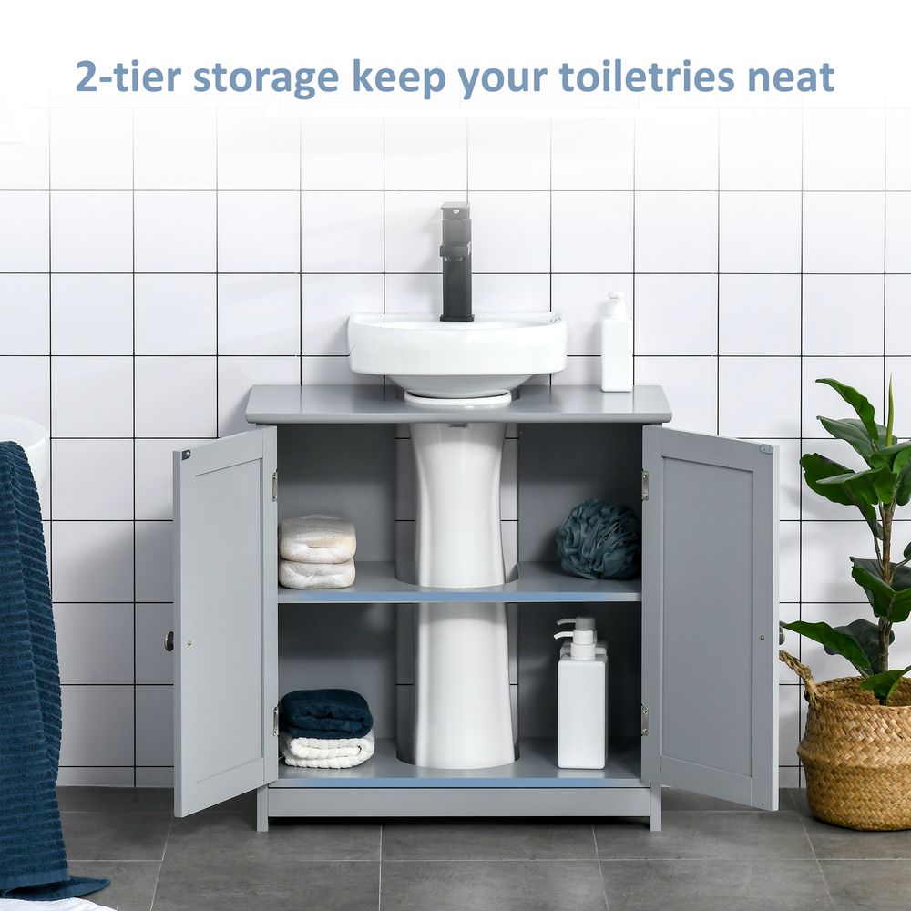 kleankin 60x60cm Under-Sink Storage Cabinet w/Adjustable Shelf Handles Drain Hole Bathroom Cabinet Space Saver Organizer Grey