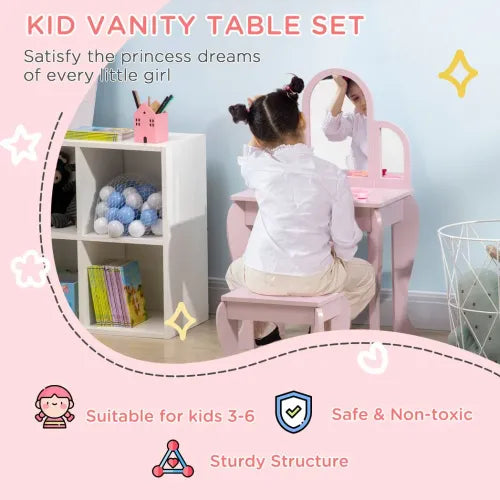 HOMCOM Kids Dressing Table and Stool Kids Vanity Set Makeup Desk w/Mirror, Drawer, for Ages 3-6 Years - Pink