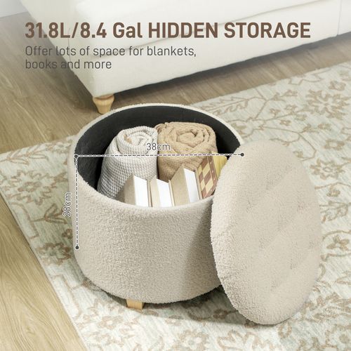 HOMCOM 45cm Round Ottoman with Storage, Lid, Cashmere Footstool, Cream White