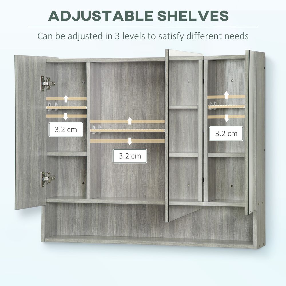 High-End Grey Bathroom Mirror Cabinet, Wall Mounted with 3 Doors and Cupboards - Order Today!